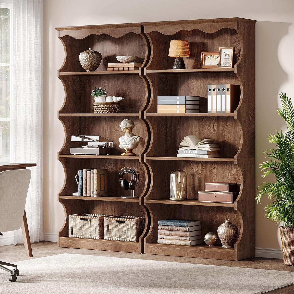 Set van 2 boekenplanken, 178 cm hoog, 5 planken, open staand rek met gebogen design, vintage houtlook, vrijstaand opbergrek voor woonkamer, kantoor, slaapkamer, incl. kantelbaar
