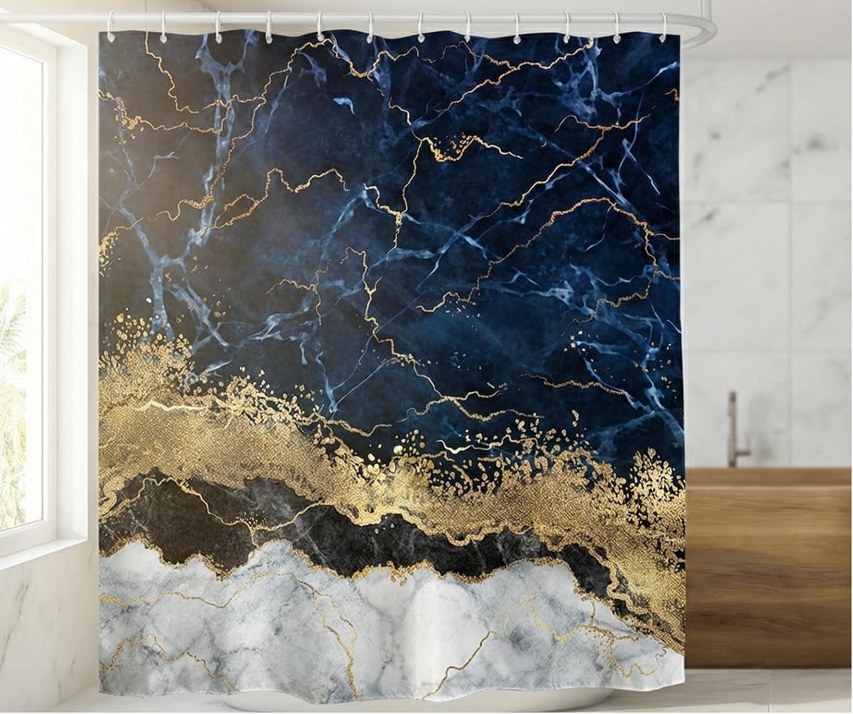 douchegordijn lang, abstract luxe moderne waterdichte badkamer badgordijnen met 12 haken, blauw, 180 x 200 cm