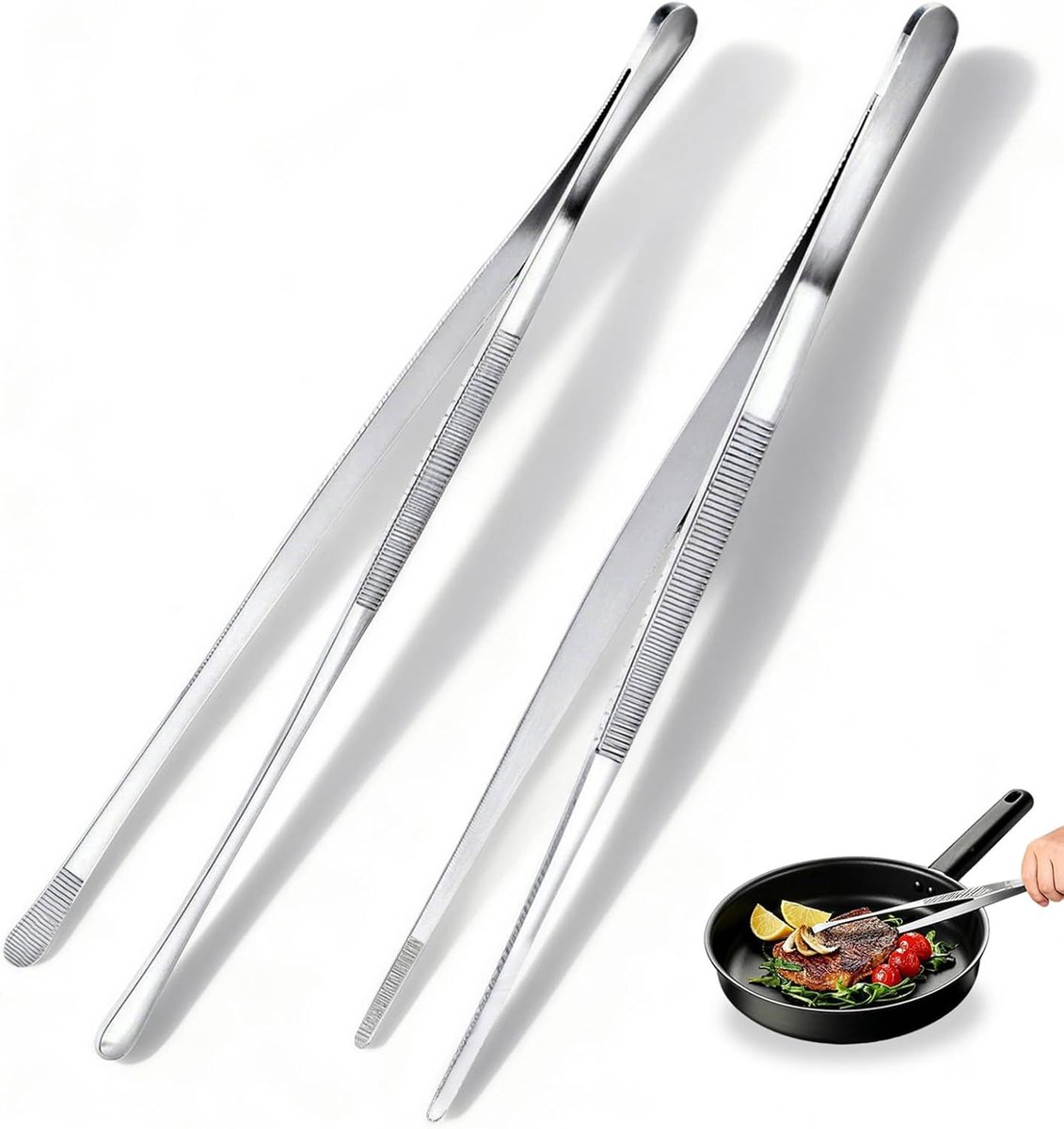 Set van 2 keukentangen, 30 cm, van roestvrij staal, draadklemmen met gekartelde punten, professioneel keukengerei voor barbecue, serveren en presenteren, zilverkleurig