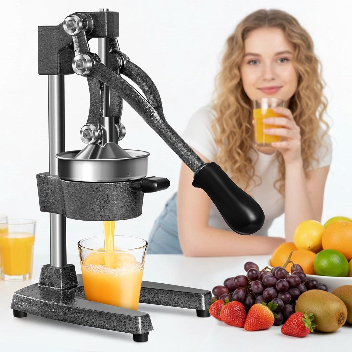 handpers, sap, sinaasappelpers, gietijzer, fruitsappers, citruspers, citroenpers, sappen, persen voor sinaasappelen, citroenen, granaatappels, zwart