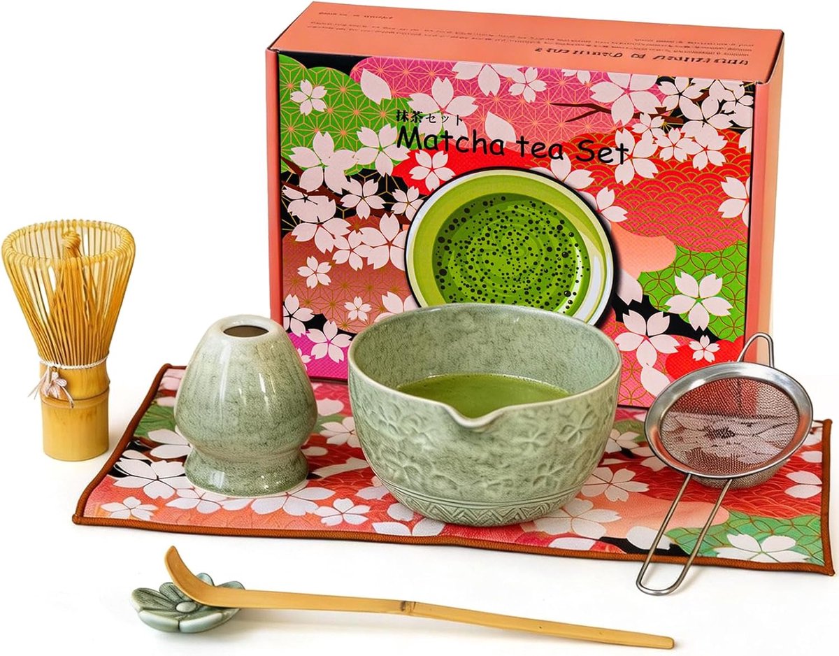 Matcha-set, 7-delig, Daoluluing matcha-set met matcha-kom, matcha-garde, houder, filter, matcha-lepel, standaard, theedoek, complete matcha-set voor matcha-liefhebbers