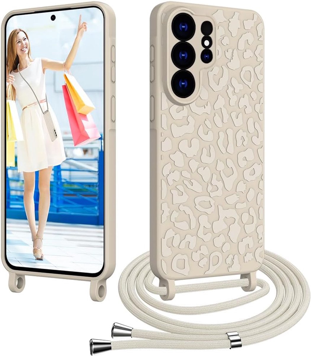 Telefoonhoes met koord voor Samsung Galaxy S25 Ultra, hoes met koord, luipaardpatroon, siliconen telefoonhoes met ketting om om te hangen, stootvaste beschermhoes met koord voor Samsung S25