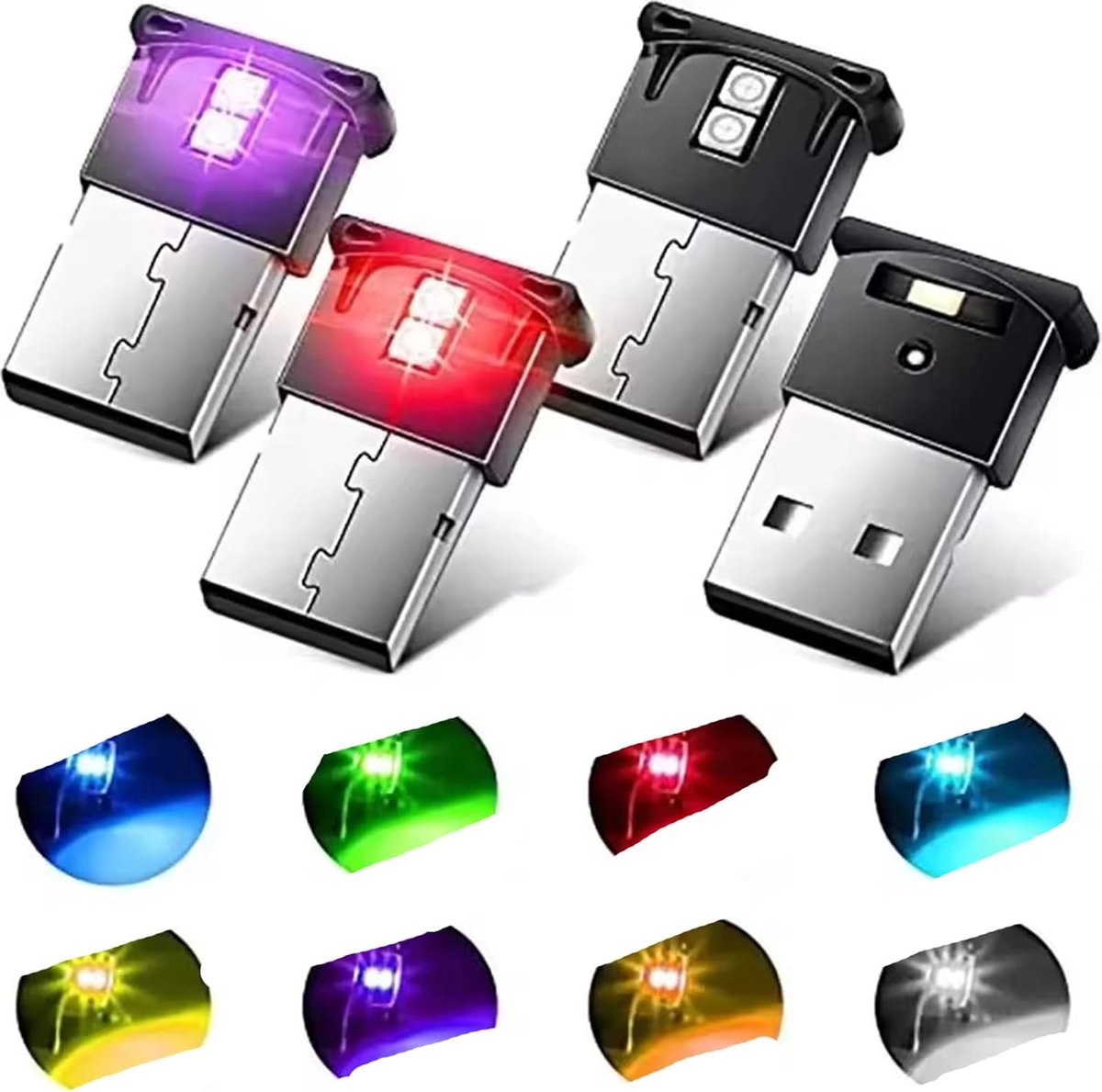 4 stuks mini-USB-ledautoverlichting, RGB, sfeerlicht, 7 kleuren, voor auto-interieur, instelbare sfeerverlichting, USB, auto-interieurlamp, RGB-autosfeerlicht, mini-licht, 2025 upgrade