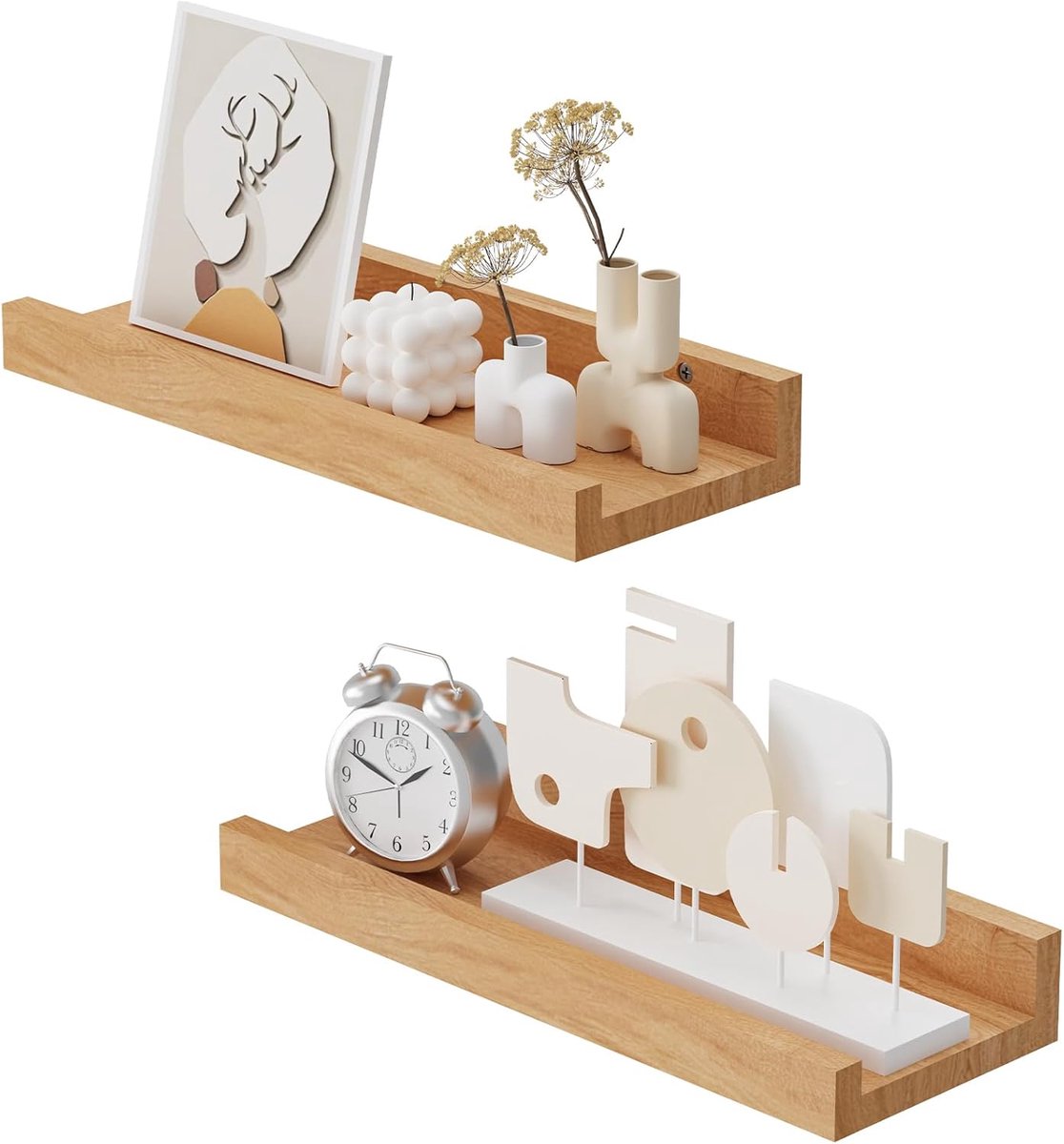 Zwevende planken wandmontage set van 2, 29,8 cm houten wandplanken met lip, voor slaapkamer woonkamer badkamer keuken, naturel