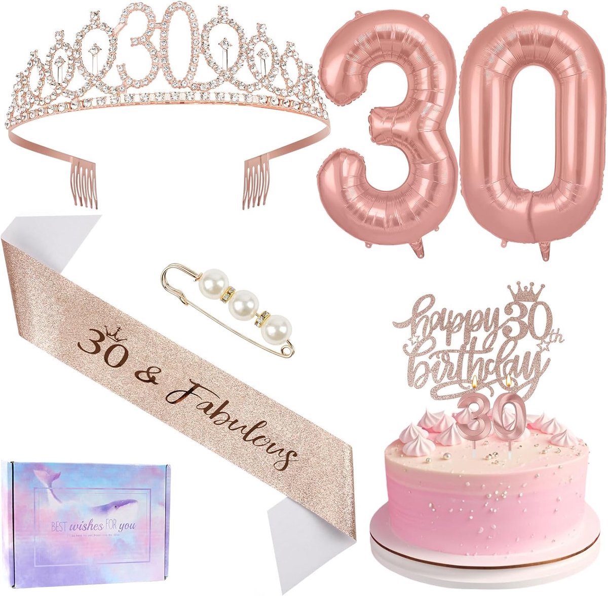 30e verjaardag kroon roségoud "Happy 30th Birthday" | Taarttopper, hoofdband en tiara voor verjaardag, kaarsen en ballonnen met cijfers in roségoud, verjaardagscadeaus decoratie