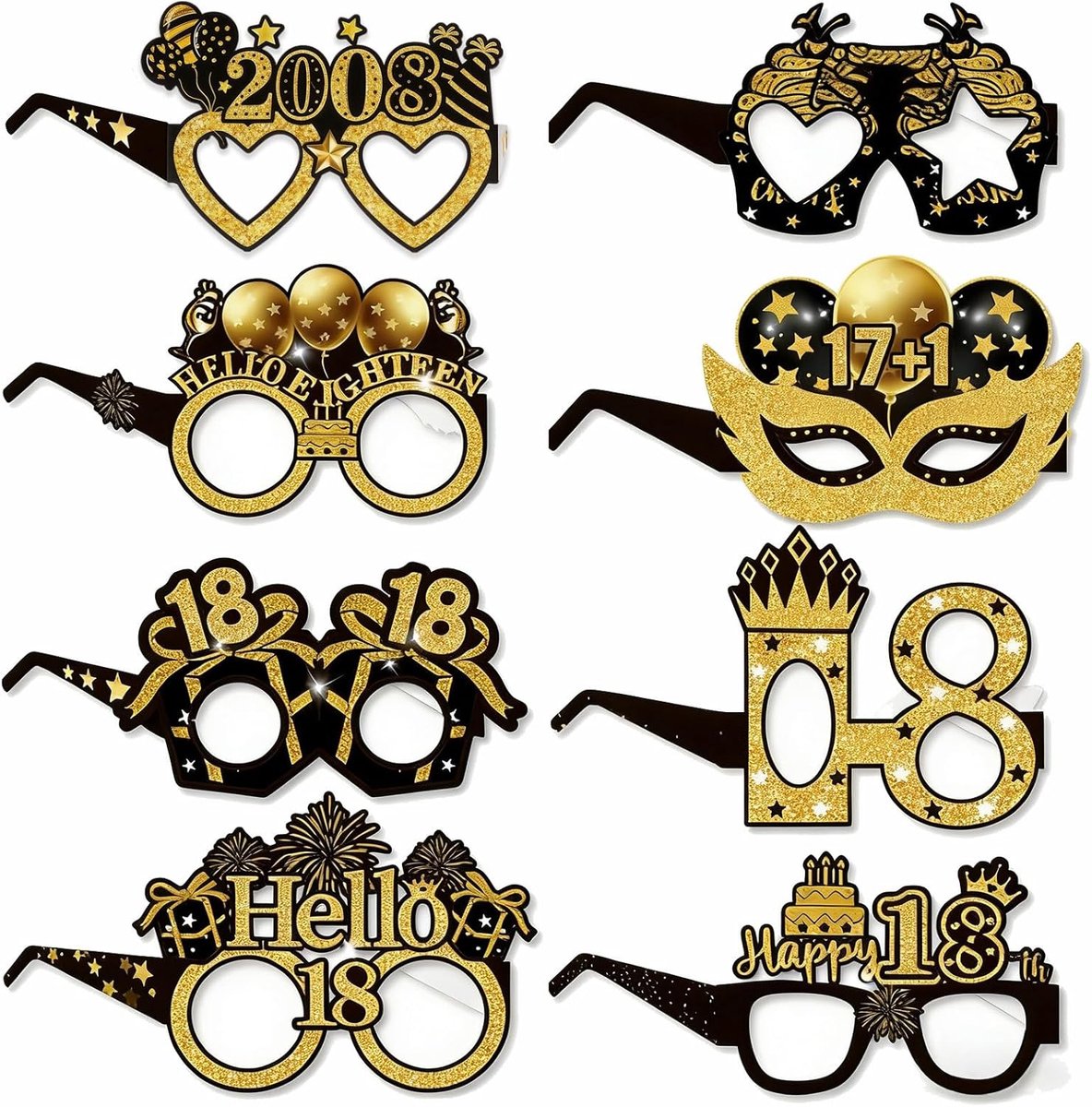 8 stuks 18, 30, 40, 50, 60, 70e verjaardag, mannen, decoratie, verjaardag, man, vrouw, feestbril, decoratie, goud, zwart, grappige brillen, verjaardagsdecoratie, papieren feestbrillen, voor