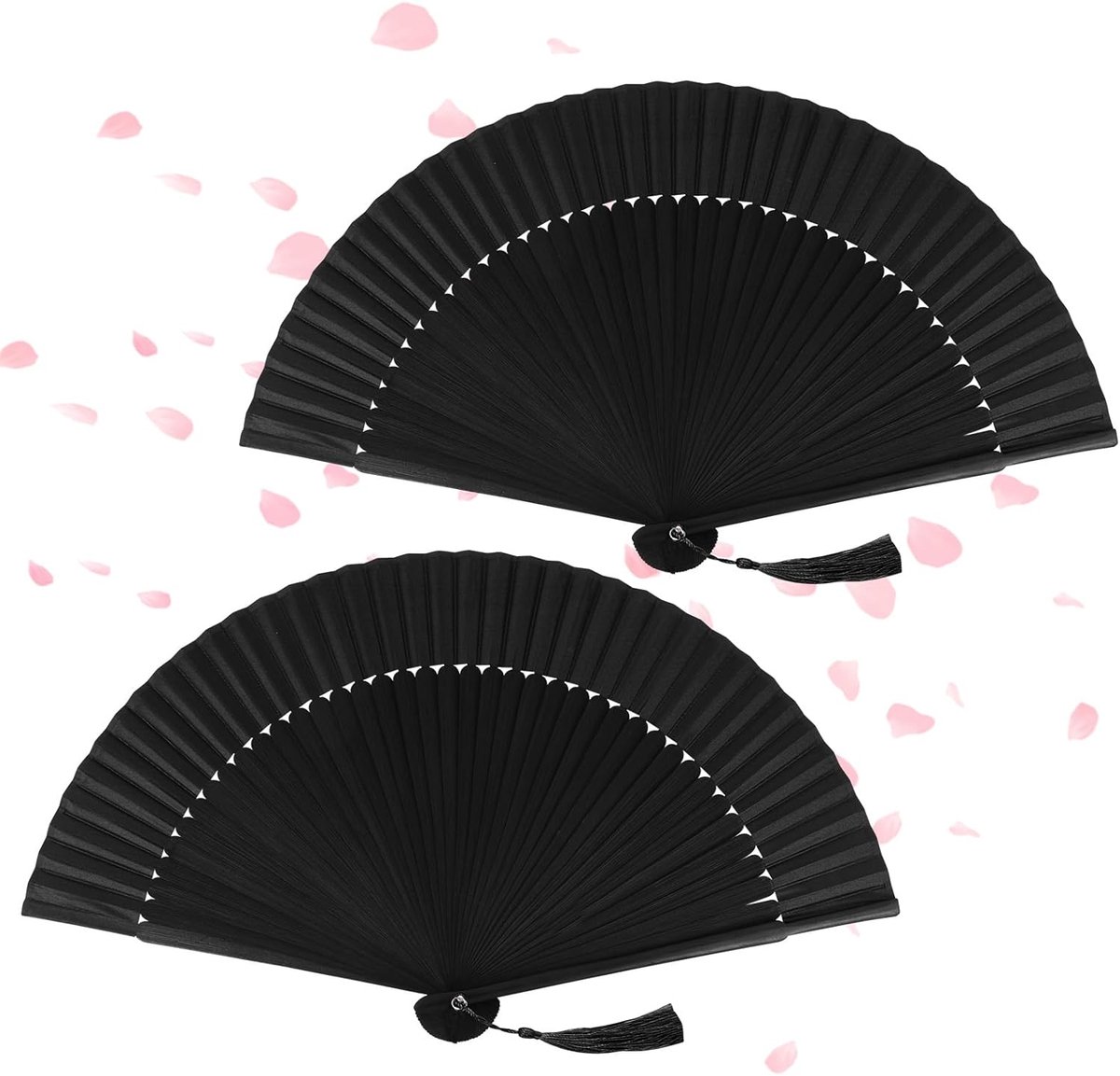 2 stuks handbediende ventilator stof handmatige ventilator Chinese ventilatoren met kwastje voor verjaardagscadeaus dansen cosplay bruiloft feest rekwisieten decoratie (C zwart
