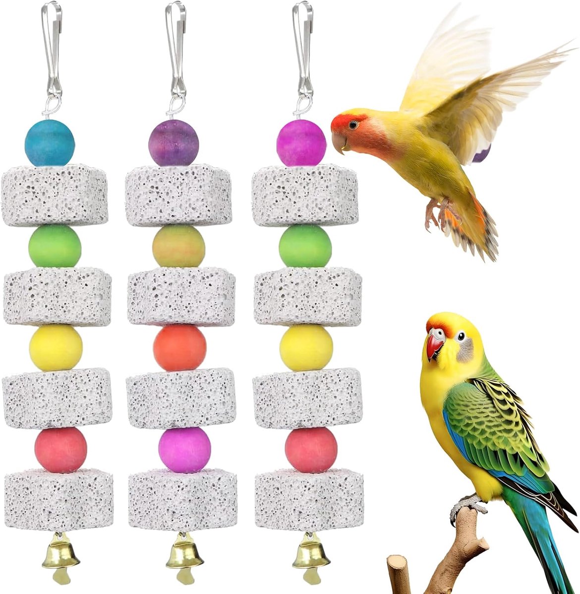 Speelgoed voor vogels, grote voetbalsteen met belletjes, mineraalsteen, kooiaccessoires, papegaaien, valkparkieten, hamsters