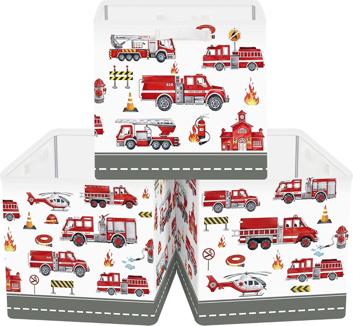 30 cm Opbergdoos 3 Stuks Bouwvoertuigen Opbergmand voor Kinderen Auto Opbergkubus met Handgrepen voor Slaapkamer Organizer voor Speelgoed Boeken Kleding, Brandweerwagen