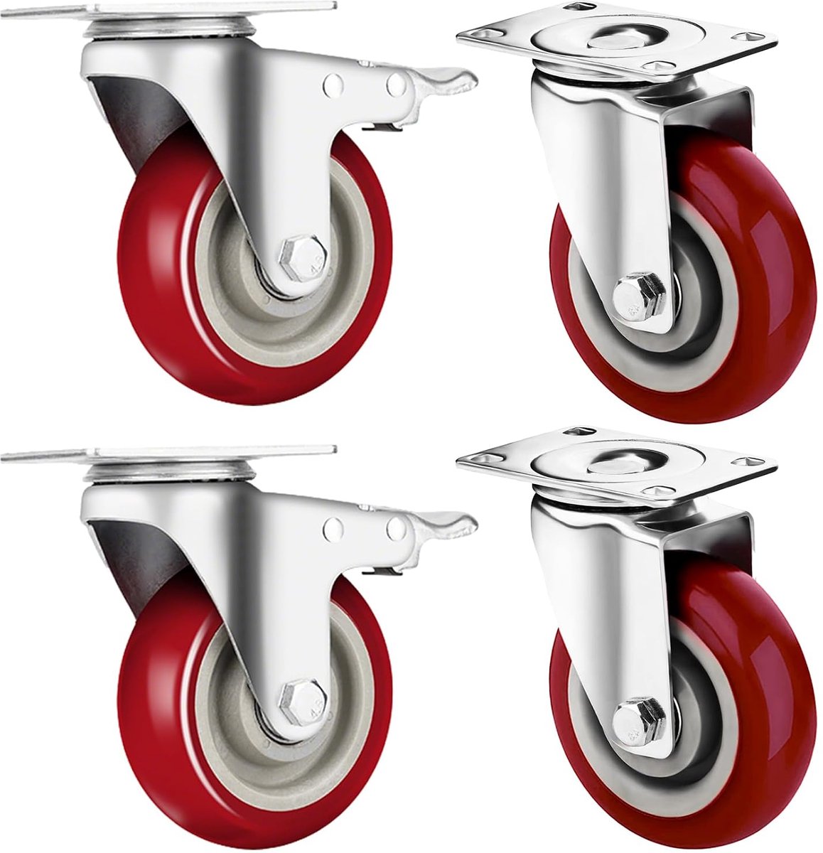 Zwenkwielen, Zware Industriële Wielen 50 mm, Massief Rubberen Wielen met Rem, Set van 4, Zwenkwielen tot 700 kg, Geruisloos, Voor Transport en Zware Belastingen (rojo)