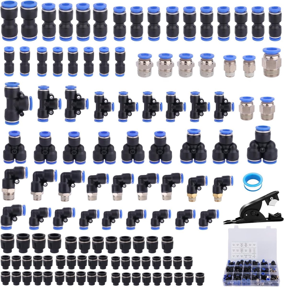 120 Stuks Snelkoppelingsset voor Luchtslangen, Druk om Pneumatische Luchtleiding Snelkoppelingen Aan te Sluiten Assortiment met 0,32cm 0,64cm 0,95cm 1,27cm NPT-Draad