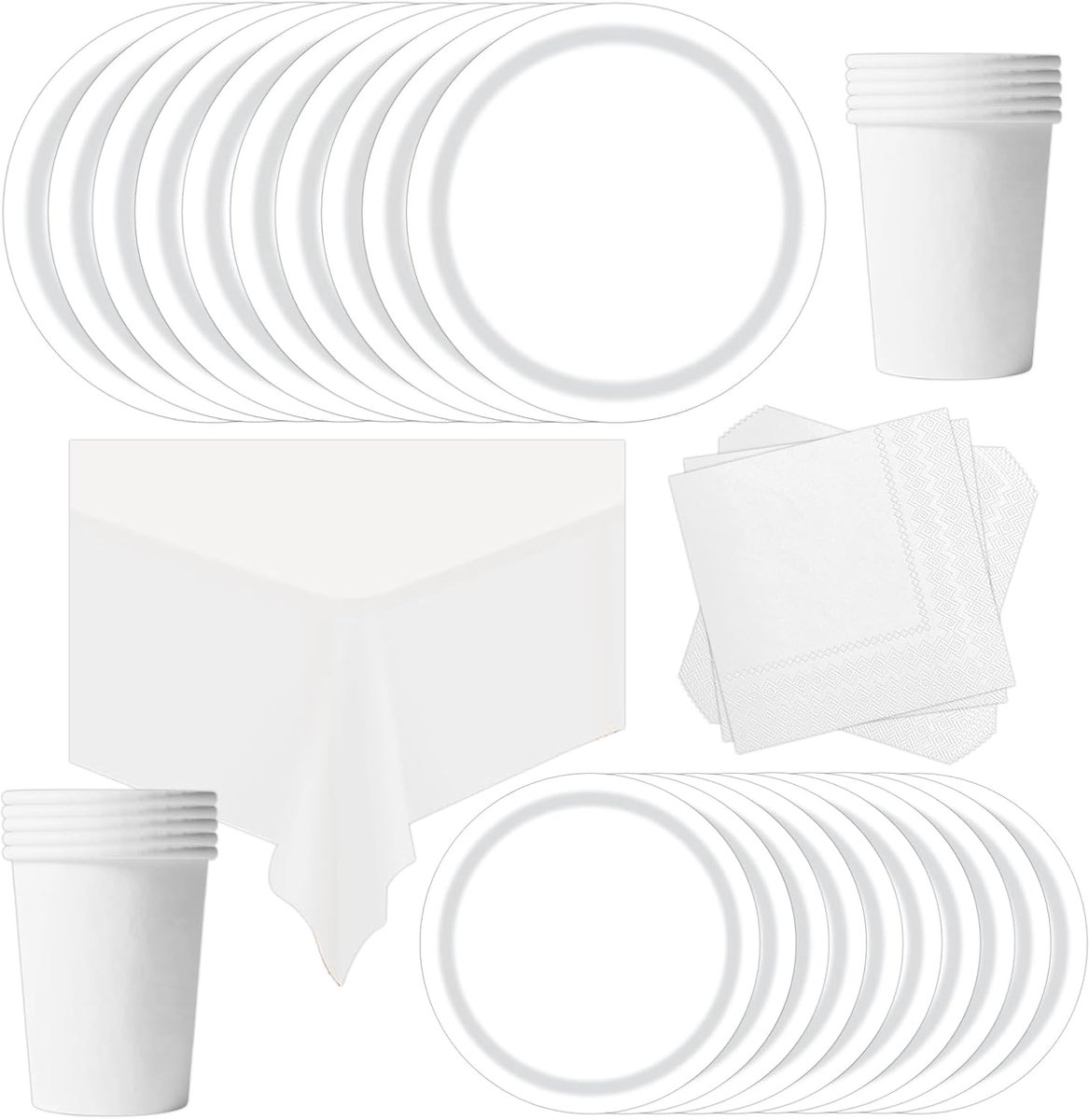 69 stuks wegwerp servies verjaardag wit, plaat karton papieren bekers servetten tafelkleed voor kerstfeest, kinderfeestje servies, barbecue, vakantie picknicks (16 gasten)
