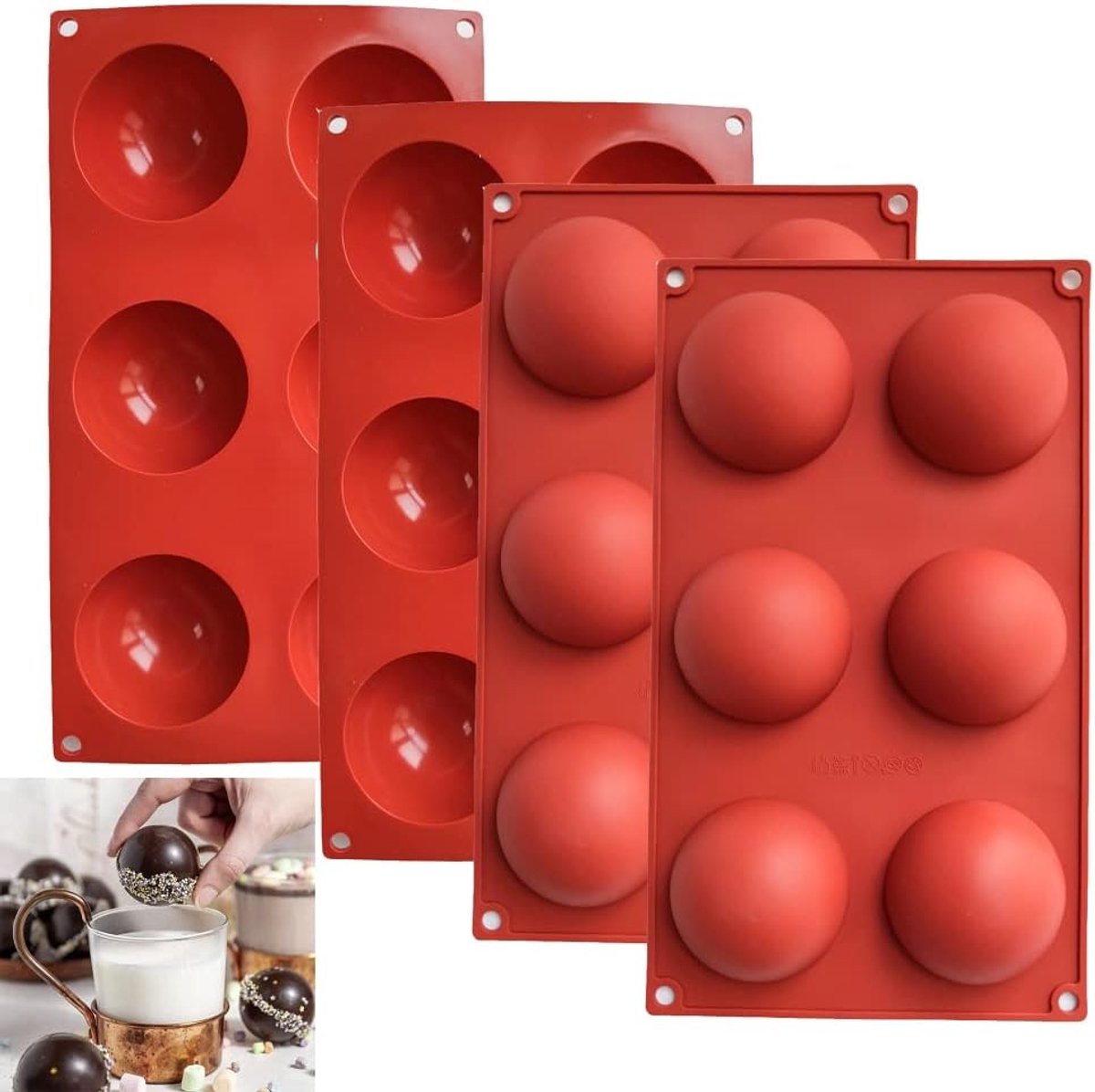 Set van 4 siliconen vormen met 6 gaten, rond, 6,6 cm, halve bol, voor chocolade, cake, gelei, schuimkoepel