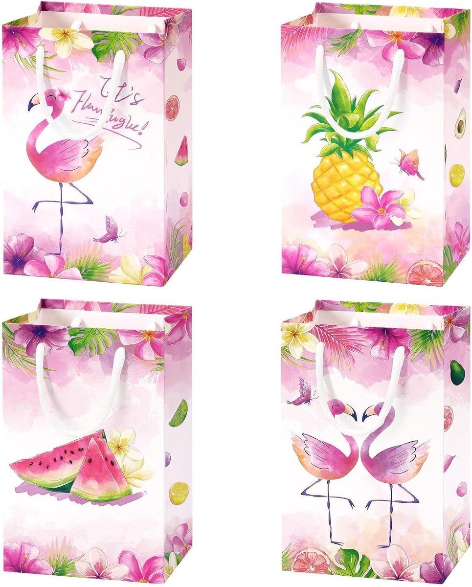 Roze flamingo feestzakjes - 16 stuks papieren zakken voor meisjes kinderen flamingo feestaccessoires gunst zakjes snoep behandelen cadeauzakjes met handvat