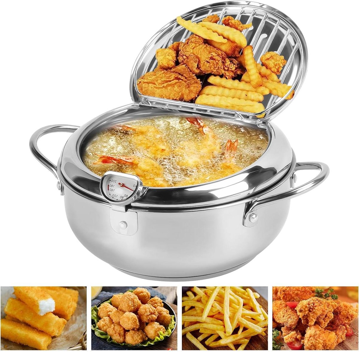 Frituurpan met deksel - Koekenpan met thermometer - Thuis koken - Inclusief olie-opvangrek - 20 cm diameter - Zilver