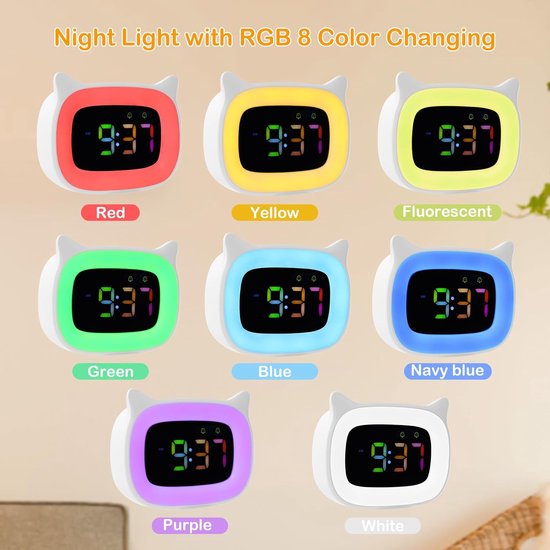 Kinderwekker Nachtlampje - Digitale Klok - Wakker Worden - Dubbele Alarmen - RGB Kleuren - Wit — afbeelding 3