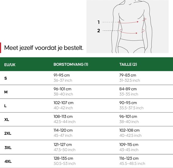 Maattabel voor borstomvang en taille met EU/UK maten S tot 4XL.