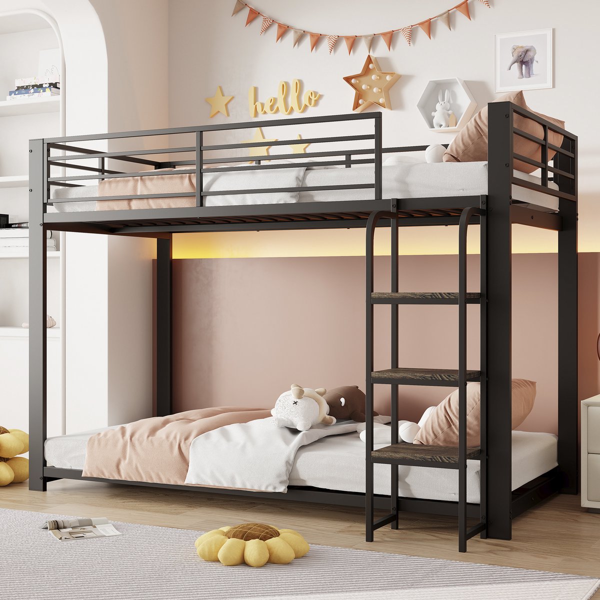 Hoogslaper 90 x 200 cm - Met veiligheidsrail - MDF/Metaal - Zwart