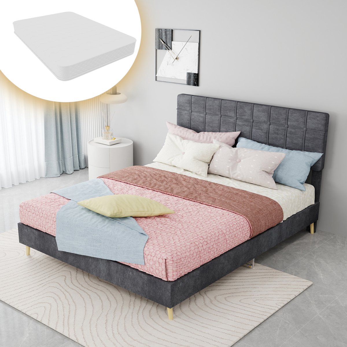 Gestoffeerd bed 140 x 200 cm - Met hoofdbord - Stof/Metaal - Grijs
