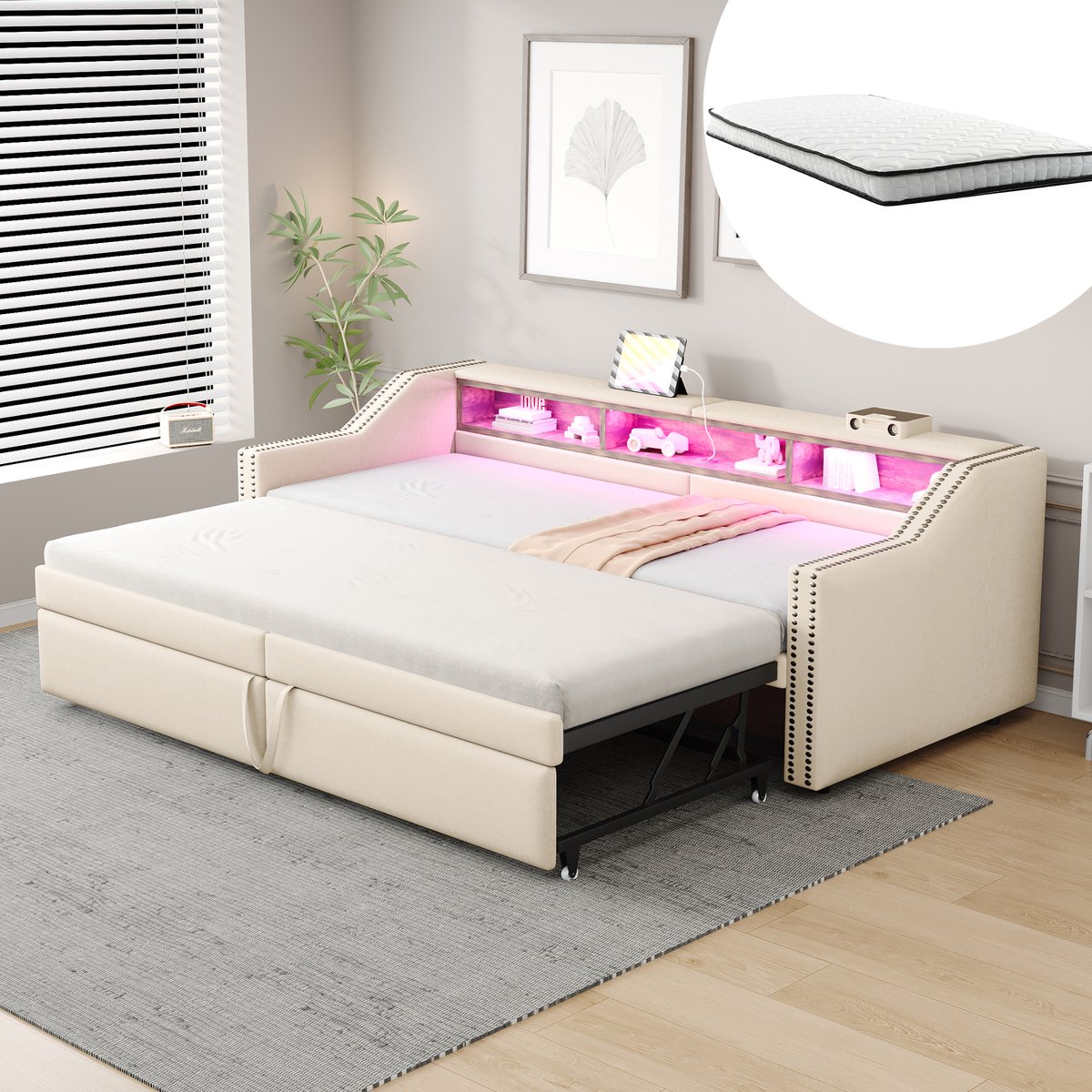 Uittrekbaar Slaapbank - Met LED en USB - Inclusief 2 Matrassen - Beige
