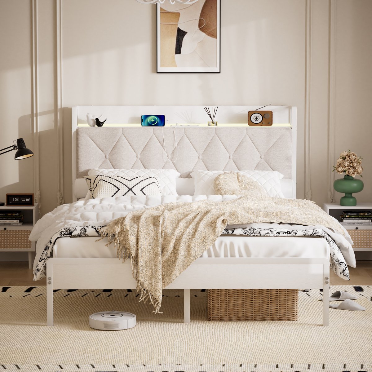 Metalen bedframe 140 x 190 cm - Met opbergruimte - LED-verlichting - USB-aansluiting - Met hoofdbord - Wit