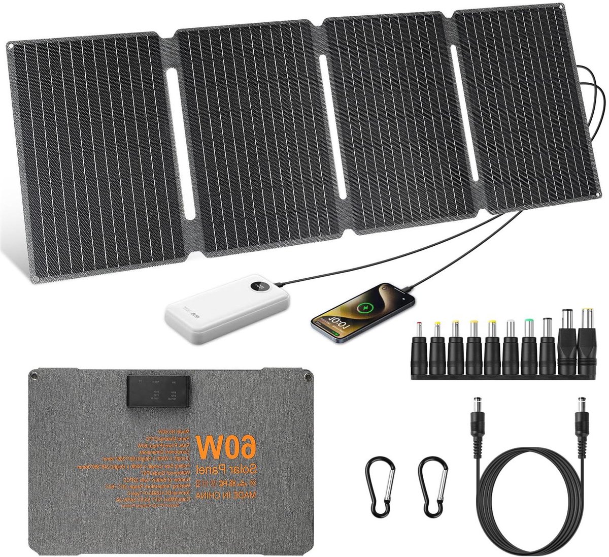 Draagbaar Zonnepaneel - Opvouwbaar Oplader - Energie Opwekken - ETFE Hoge Efficiëntie - 60W - Zwart