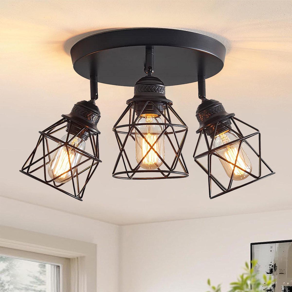 MUPOO Plafondlamp Industriële 3-Lichts - Plafonnière Zwart met 360° Verstelbare Draaibare Lampkoppen - Retro Metalen Kooi - 3x E27 Fitting - Exclusief Lichtbronnen -plafondverlichting voor Slaapkamer Woonkamer, Keuken, Hal en Eetkamer