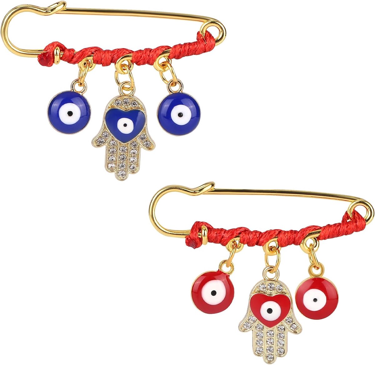 2st Boze Oog-Bedeltjes, Zwangerschapsveiligheidsspelden met Rood Koord Hamsa Boze Oog-Broche voor Tas Kleding Hoeden Dekens (Rood, Blauw)