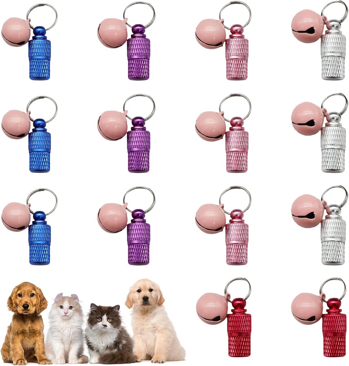 14 stuks adreslabels, kat, adreshanger, hond, met sleutelringen met belletjes, capsulevorm, huisdier-ID-identificatie-tags, anti-verlies, naamplaatje voor huisdieren, katten, honden