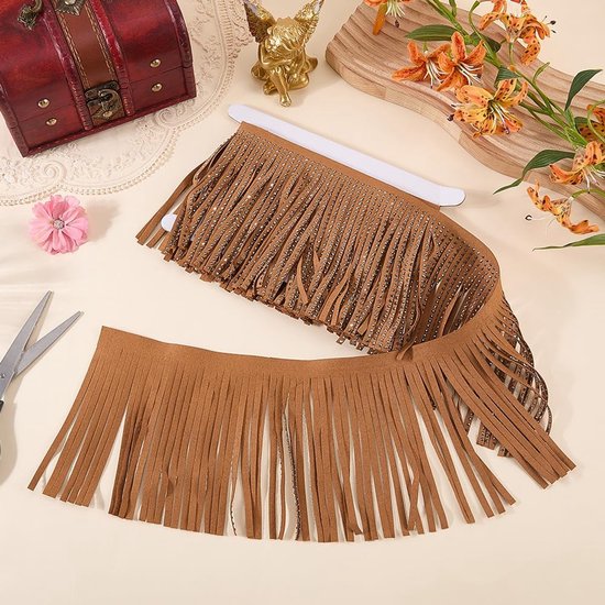 afgezet met franjes van suède, 1,83 m, leren kwastlint met parels, 13,5 cm, voor naaien, accessoires voor kleding, tassen en knutselwerk (bruin) — afbeelding 3