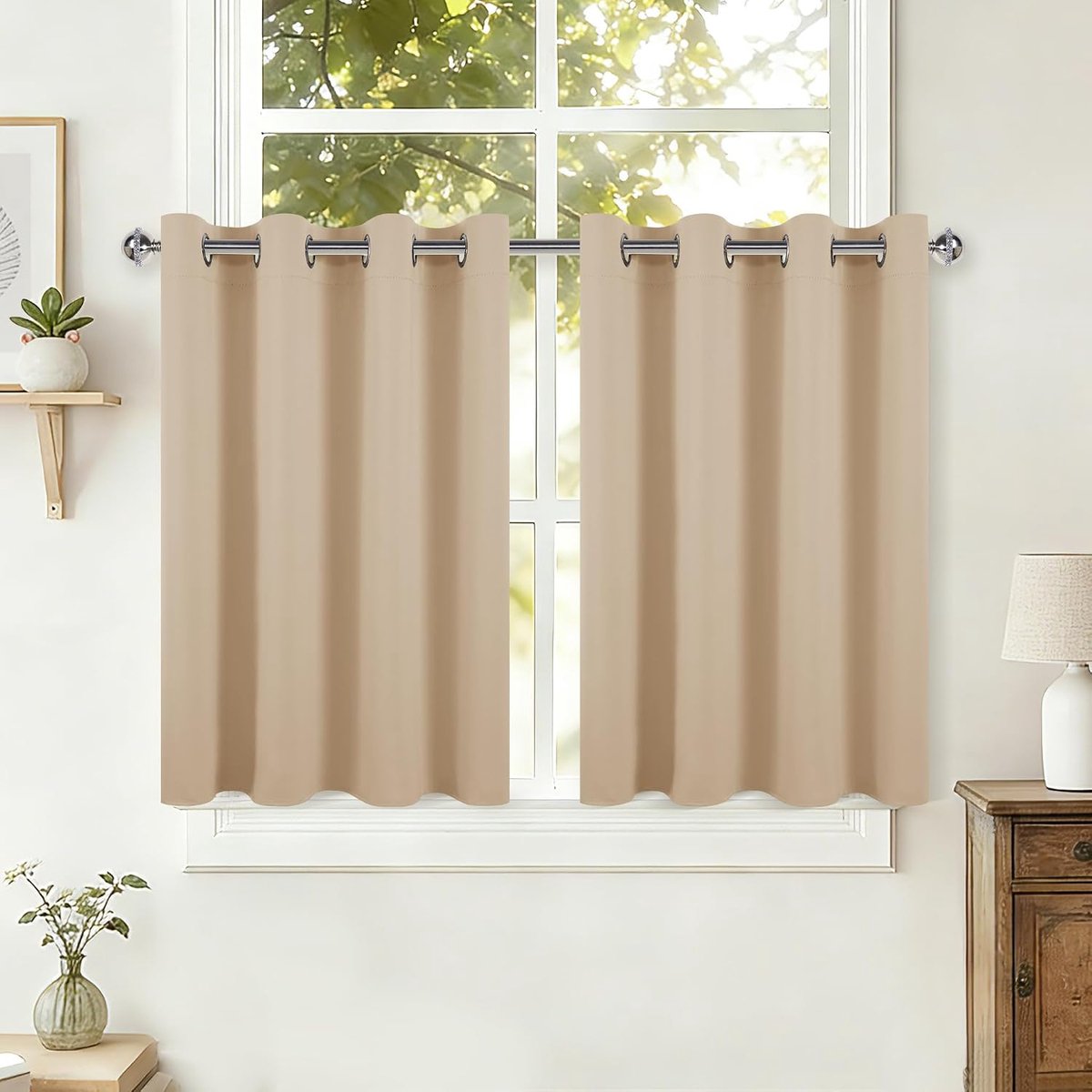 Gordijnen voor kleine ramen, ondoorzichtige gordijnen, kort, H 90 cm x B 132 cm, Biscotti beige gordijn voor kinderkamer, keuken, kelder, verduisteringsgordijnen met ringen, 2 stuks