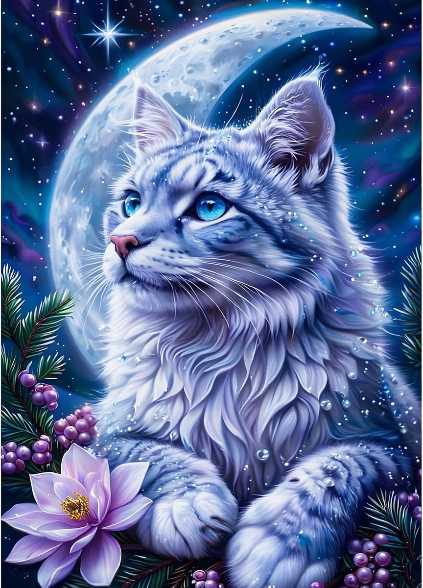 Doe-het-zelf Dreamy Cat 5D Diamond Art Kits, ronde full drill Sparkling Moon Starry Sky Diamond Painting Picture, bloemen schilderen op nummers kunstkits voor volwassenen beginners