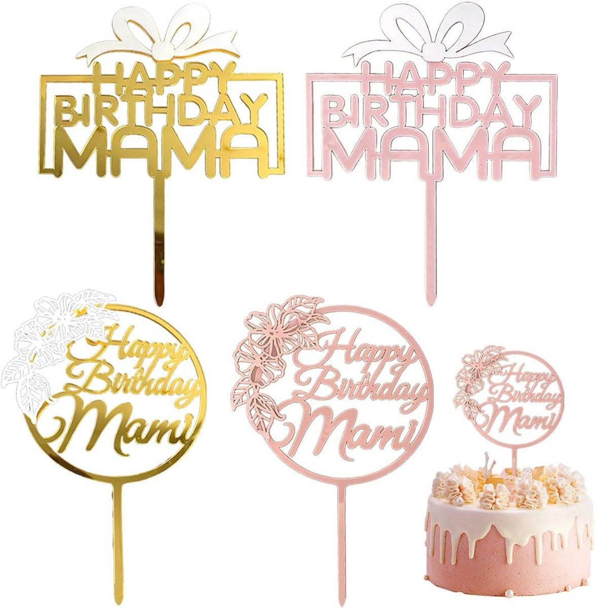 4 stuks taarttoppers voor verjaardag | Taarttopper Happy Birthday - Afmetingen: 11 cm