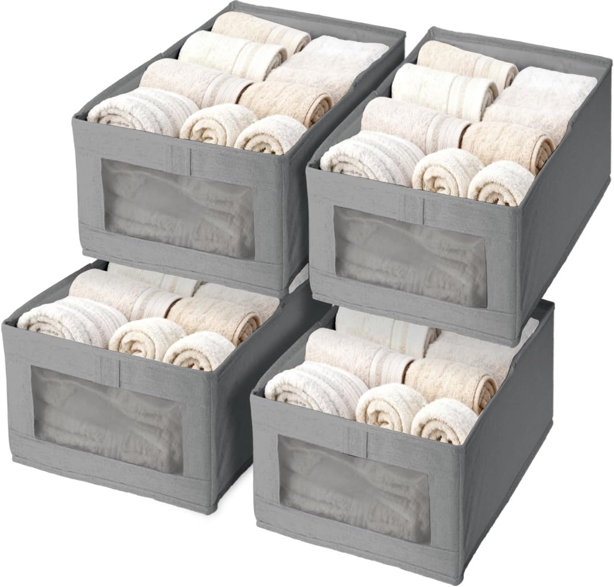 opvouwbare linnen opbergdozen met doorzichtig venster, stoffen boxlade-organizer voor T-shirts, jeans, ondergoed, 4 stuks (grijs)