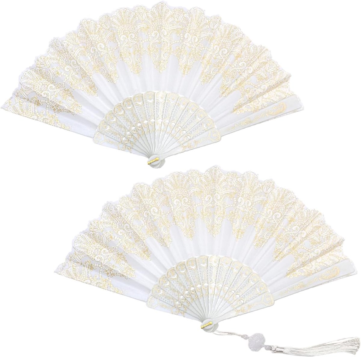 2 stuks waaierdesign van kant, opvouwbaar, franjes, gouden print, kleine ventilator voor zomerfeest, rollenspellen, uitvoeringen, dans, bruiloftsdecoratie (wit)