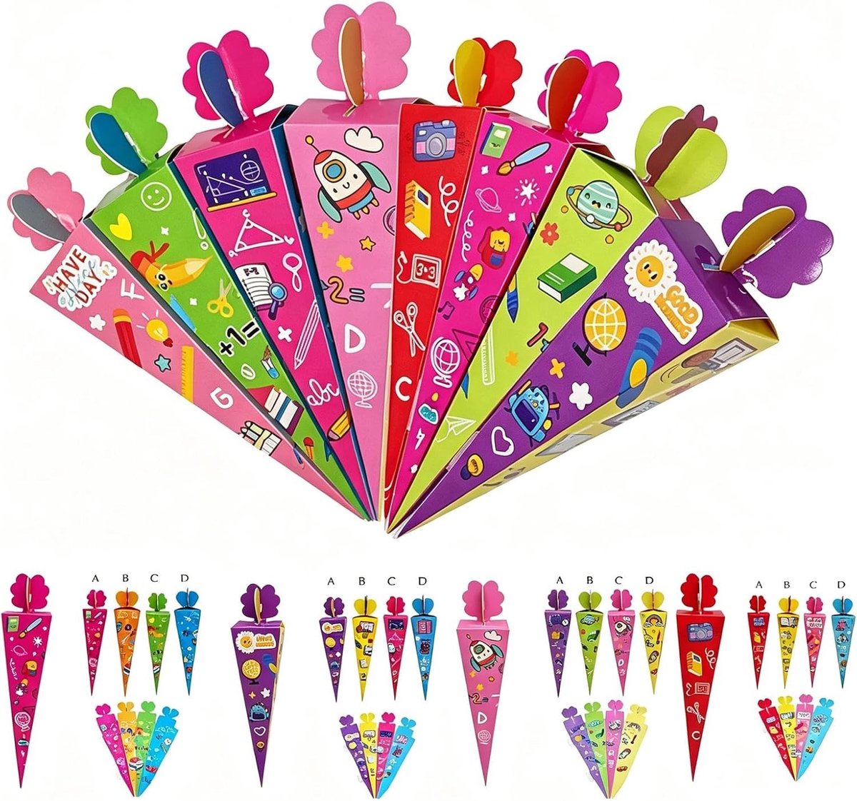Vouwbare schooltassen - 24 stuks kartonnen tassen voor kinderen, leuke snoepzakken voor jongens en meisjes, perfect voor de eerste schooldag en feestjes