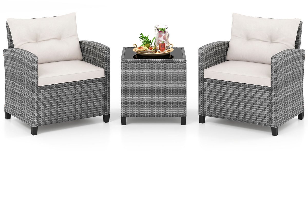 SureDeal® - Tuinset - Rattan Tuinmeubelset 3-delig - Stoelen - Tafel - Veiligheidsglas Tafelblad - 67x64x77 cm - Wit