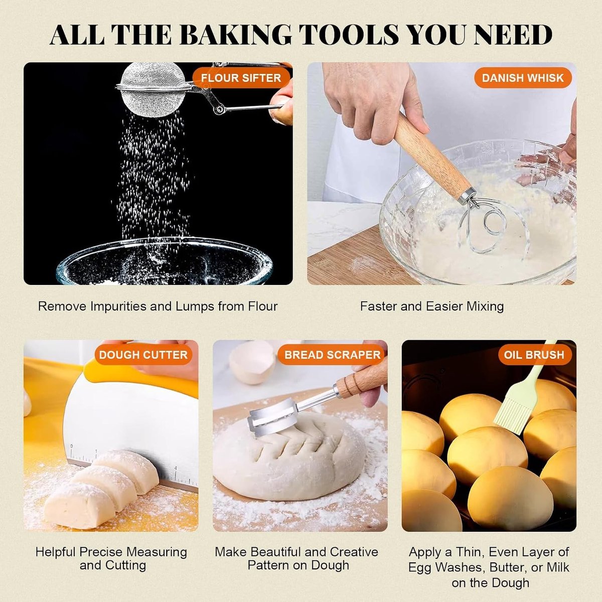 Banneton manden voor brooddeeg, opvouwbare silicone rijsmanden, ovaal en rond met deegschraper, kwast en zeef voor perfect brood bakken