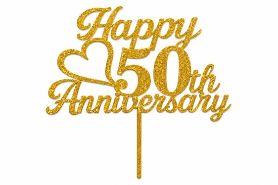 Gouden glitter taarttopper met de tekst 'Happy 50th Anniversary' en een hartje.