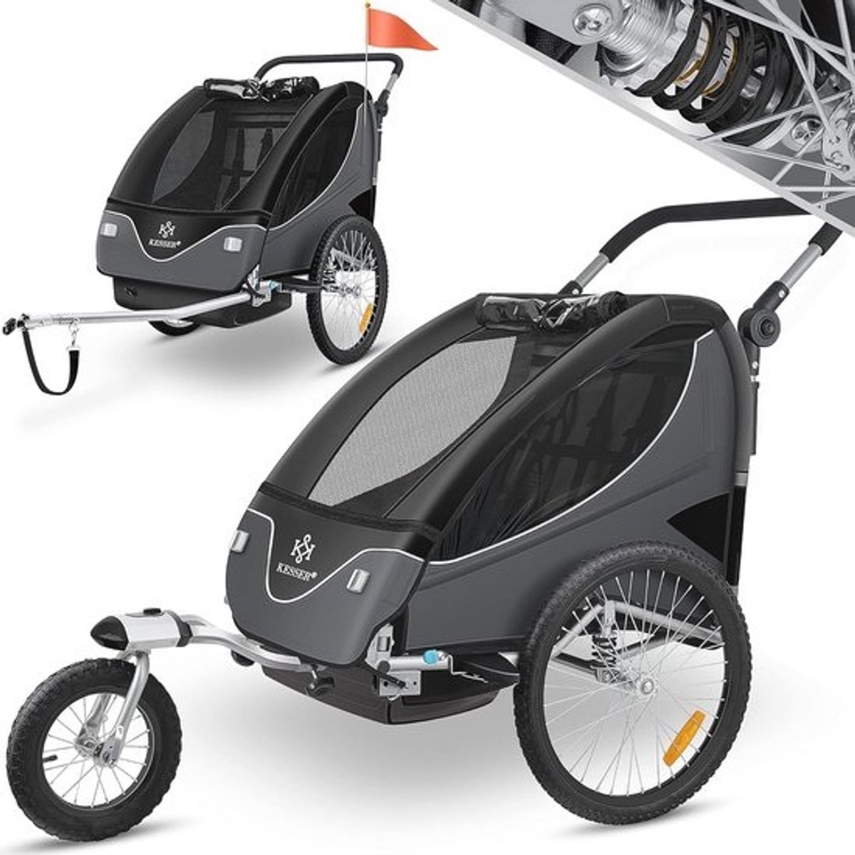 Kinderfietskar 360° Draaibaar met Vering en Jogger Functie voor 2 Kinderen tot 40kg - Zwart/Antraciet