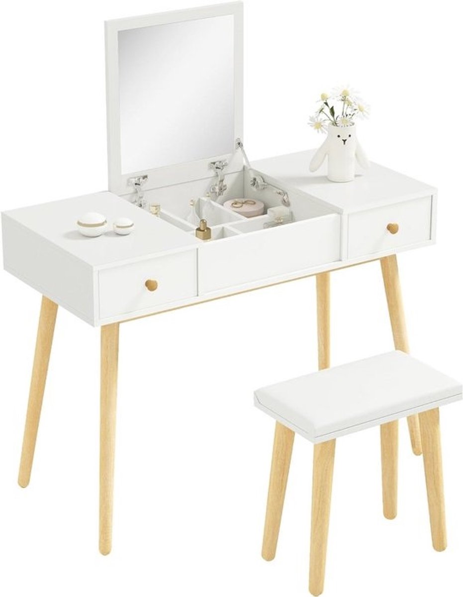 Witte Make-uptafel met Spiegel en Kruk - Inklapbare Spiegel, 2 Laden, Modern Design, 100 x 45 x 118 cm