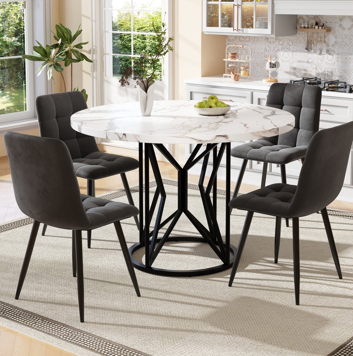Wishdor Set tafel en stoelen - 5-delig ronde eettafel 4 stoelen - Modern design - Woonkamer eetkamer keuken - MDF, metaal, fluweel - Zwart - Ø 100 x 76 cm