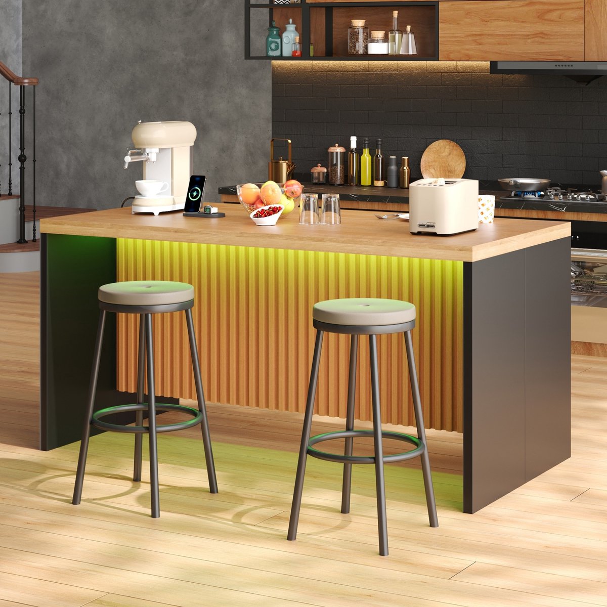 REDOM - Bartafel - Keukeneiland met LED-verlichting - 2 stopcontacten en 2 USB-poorten - Industrieel - MDF - Zwart en Naturel - 155 x 80 x 90 cm