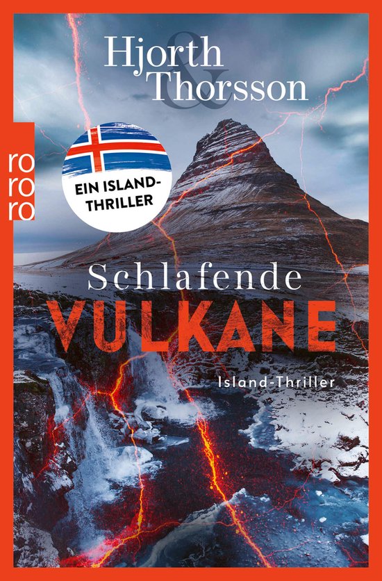 Couverture de livre avec le titre "Schlafende VULKANEN" et "EIN ISLAND-THRILLER". Une montagne enneigée et une cascade, avec des lueurs rouges.