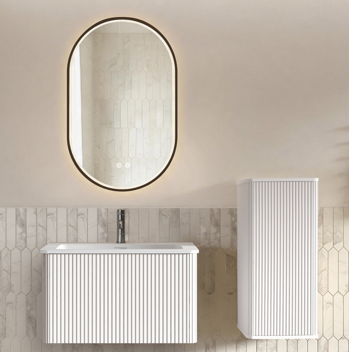 OKWISH Badmeubelset - Wandhangend Met Wastafel, Led-Spiegel En Zijkast - Voor Kleine Badkamer En Gastentoilet - Wit - 80 Cm