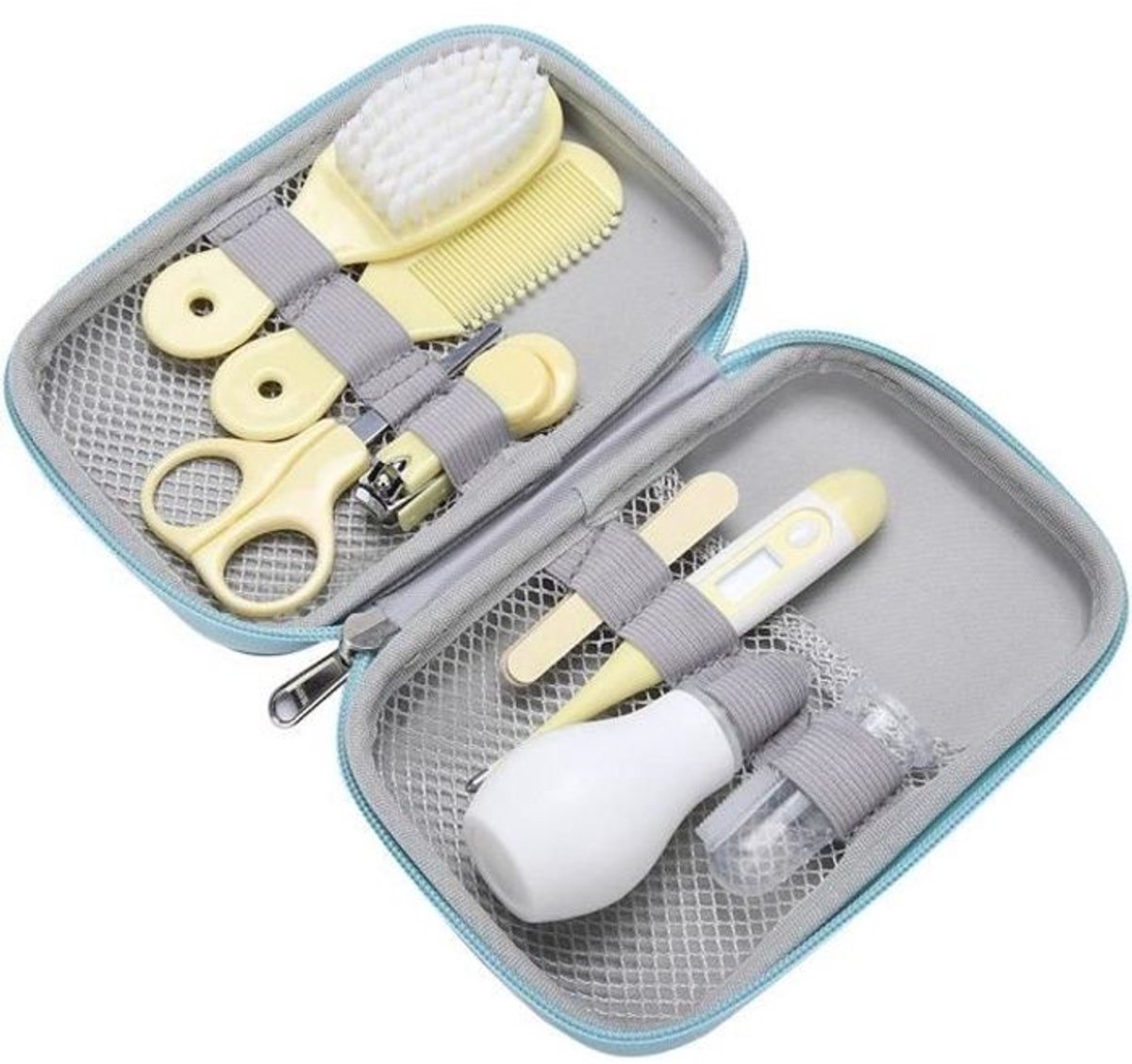 8-delige babykamset, praktische nagelknipper voor dagelijks gebruik, schaar, kam en nagelverzorgingsset voor baby's, geel.