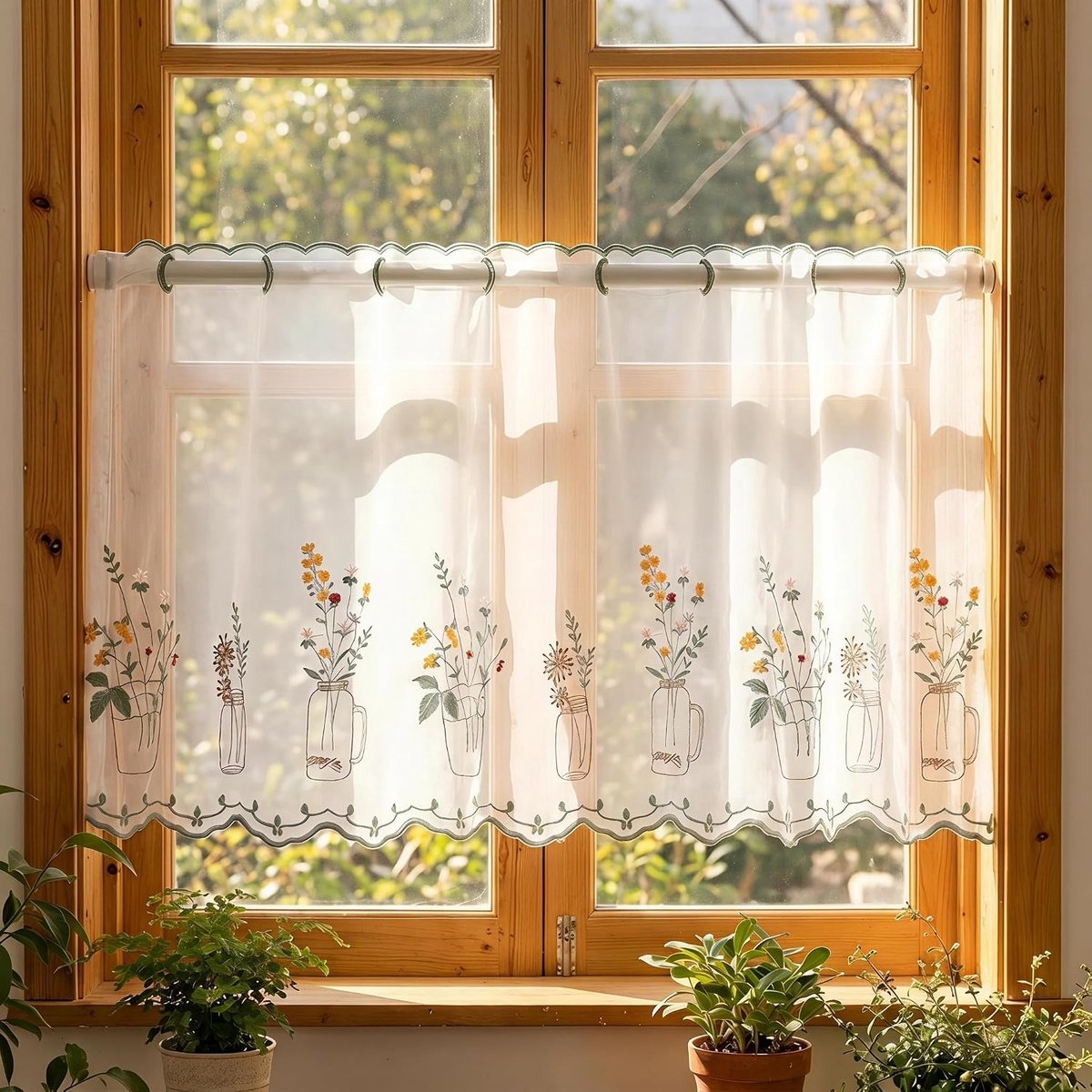 Geborduurd Bloemen Cafe Gordijn, Vaas Bloem Geborduurd Kort Doorschijnend Gordijn, W39,37×L19,69 Inch (100×50CM), Lichtdoorlatend Privacy Ra