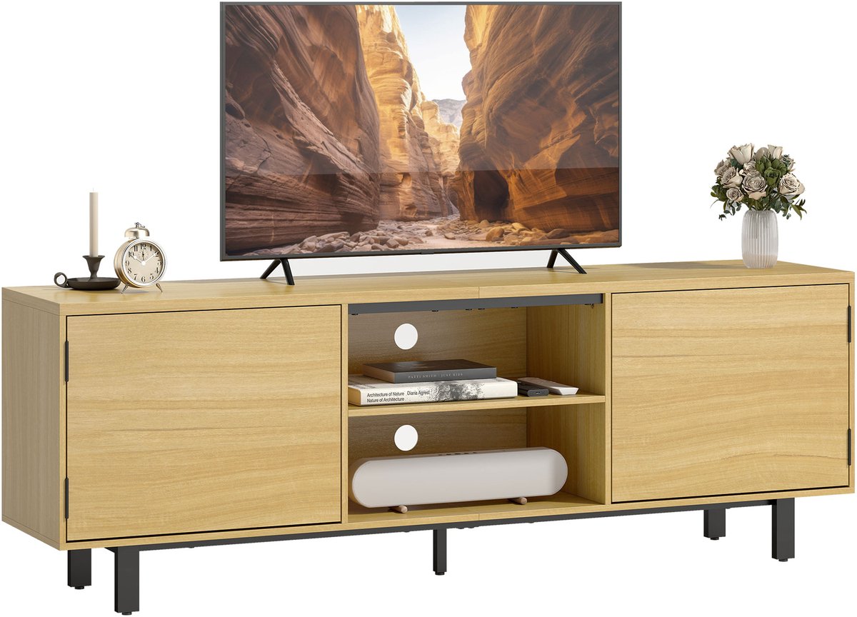 ECTEATOY® Tv-meubel tot 65 Inch - TV Kast Met 2 Push-to-Open Deuren en 2 Open Vakken - 160x35x55,5 cm - Naturel Hout