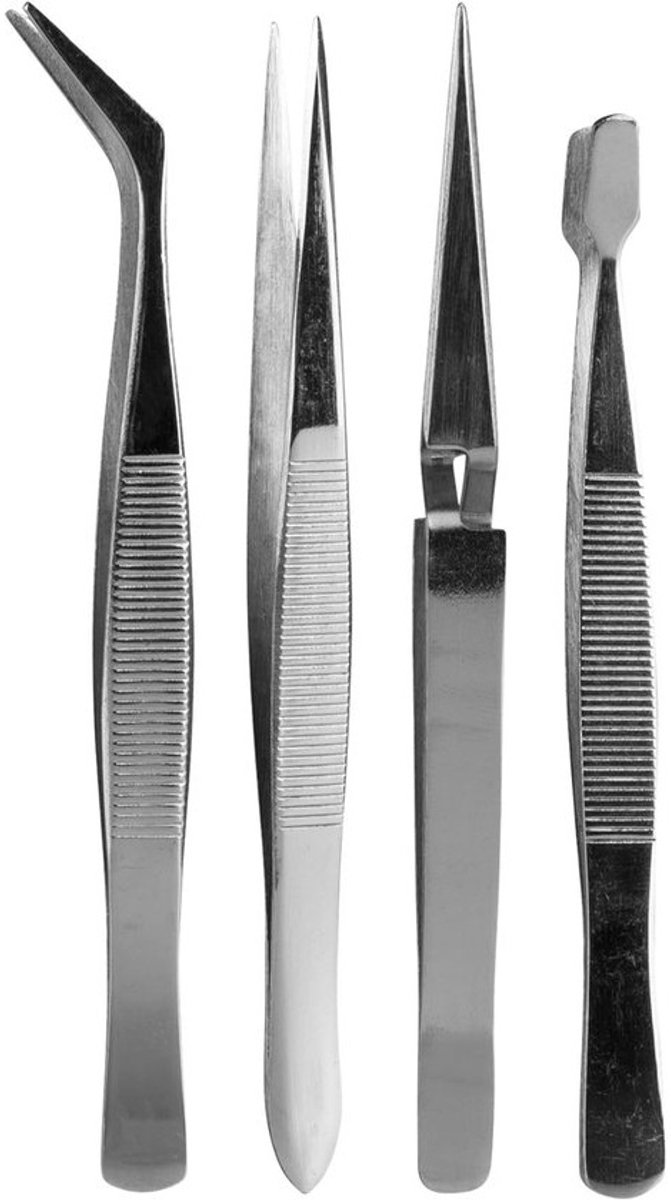 Precisie Pincet Set - Hobby Pincetten - Fijne Werkzaamheden - Roestvrij Staal - 4 Stuks - Zilver
