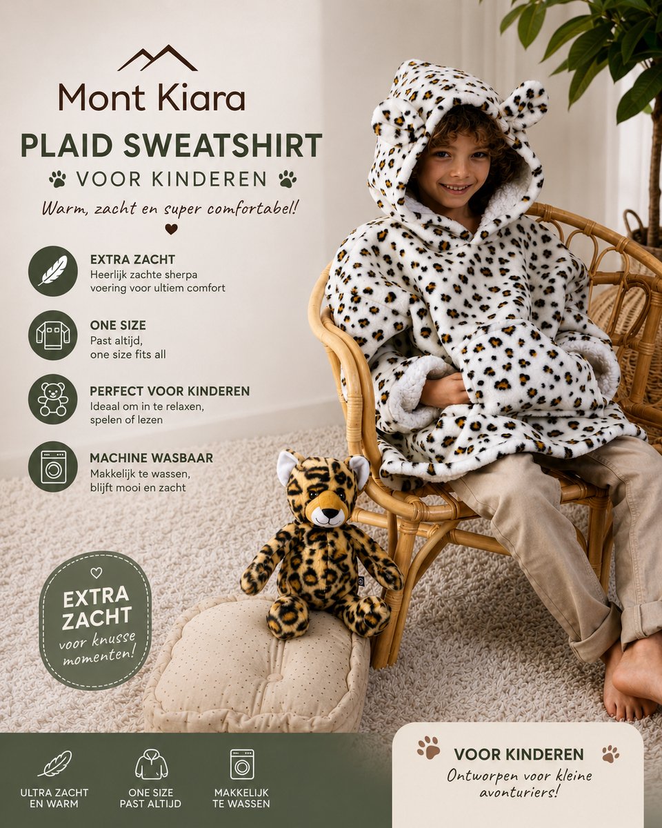 Mont Kiara Plaid Sweatshirt voor Kinderen – Luipaard Hoodie Deken – Extra Zacht & Warm – Oversized Deken met Capuchon – One Size